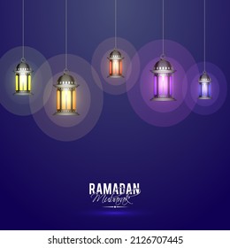 Glowing realistic lanterns decorated blue background for Islamic Holy Month of Fasting, Ramadan Kareem.