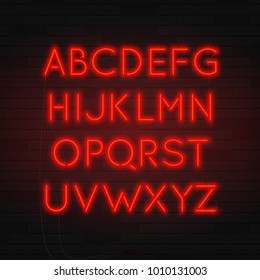 Glowing Realistic Neon Character Typeset. Neon Red Alphabet on Brick Wall. Concept of Symbols for Billboard. Vector Illustration.