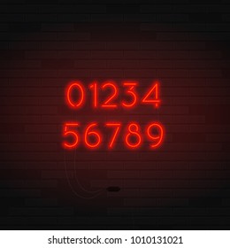 Glowing Realistic Neon Characters of Numbers. Neon Red Signs on Brick Wall. Concept of Symbols for Billboard. Vector Illustration.