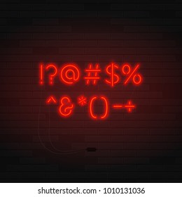 Glowing Realistic Neon Characters of Punctuation Marks. Neon Red Signs on Brick Wall. Concept of Symbols for Billboard. Vector Illustration.