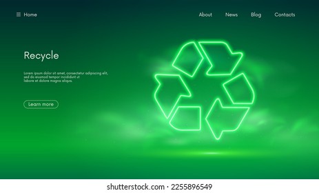 Icono de reciclaje brillante, concepto de préstamo ecológico de clasificación y reutilización, signo del día de reciclaje mundial, símbolo de círculo de rotación, tecnología futurista con neón verde resplandeciente en el humo, fondo de negocio vectorial