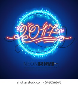 Glowing red 2017 round neon banner with blue electrical lights for celebratory design. Used vector pattern brushes included.