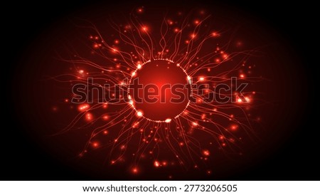 A glowing red abstract design with radiating lines and particles creates dynamic and energetic visual