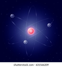 Glowing red atom on blue background, scientific vector illustration