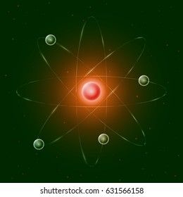Glowing red atom on green background, scientific vector illustration