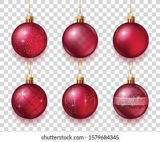 Glowing red balls with different patterns for christmas tree isolated on transparent background vector illustration