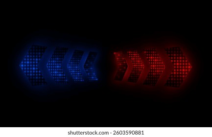Glowing red and blue arrow shapes with halftone texture on dark background. Perfect for tech design, futuristic UI, direction indicators, versus screens, or esports visuals.