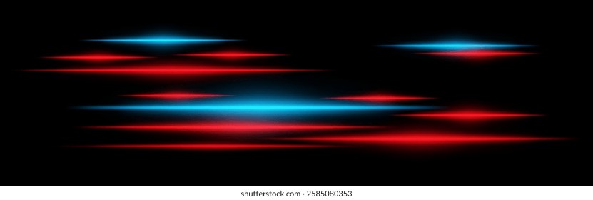 Glowing red and blue light streaks on a black background. Horizontal neon beams create a high-speed motion effect, symbolizing futuristic energy and digital acceleration