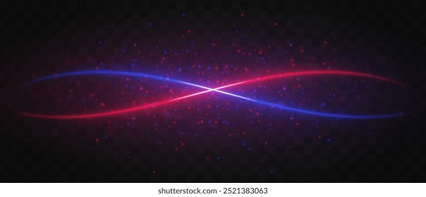 Glowing red and blue wave laser beam horizontally with sparkling particles across a dark transparent background, creating a futuristic and high-tech visual effect. Neon flare, laser lines of light