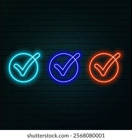 Glowing Red checkmark neon icon symbol isolated.Tick symbol in green color, vector illustration. Success symbol for website computer and mobile.
