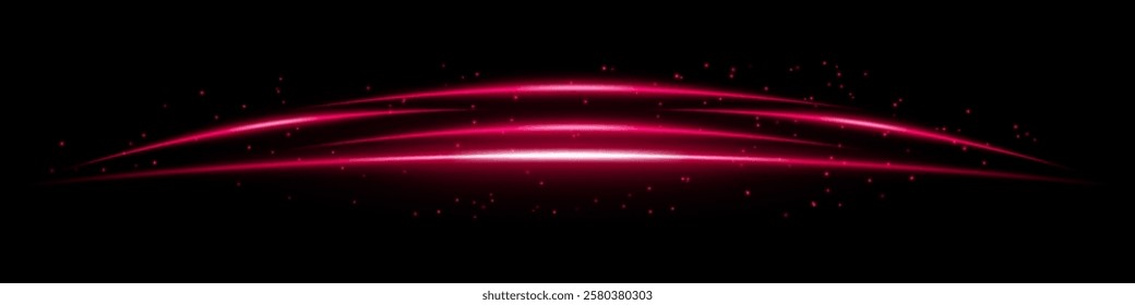 Glowing red curved light streaks with scattered particles on a dark background. Futuristic arc-shaped energy flow, laser effect, neon illumination, and digital motion concept.