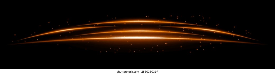 Glowing red curved light streaks with scattered particles on a dark background. Futuristic arc-shaped energy flow, laser effect, neon illumination, and digital motion concept.