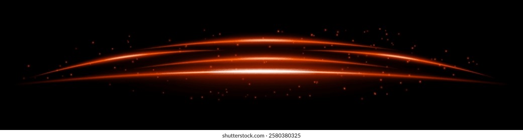 Glowing red curved light streaks with scattered particles on a dark background. Futuristic arc-shaped energy flow, laser effect, neon illumination, and digital motion concept.