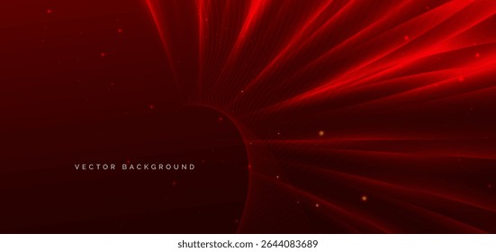 Glowing red curved lines with sparkle lighting effect on dark red background. Template award concept. Vector illustration
