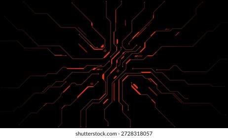 Rutas electrónicas rojas brillantes sobre fondo oscuro. Red digital futurista con líneas brillantes, patrón de tecnología abstracta para conceptos cibernéticos y Diseños gráficos modernos. Fondo de Vector digital.