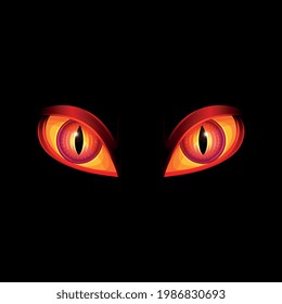 Glowing red evil monster eyes on black background - scary Halloween costume element or dangerous night animal with narrow vertical pupils, vector illustration