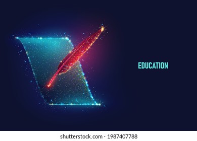 Glowing red feather write on blue sheet of paper vector illustration made of neon particles. Bright magic content writing art in modern abstract style consists of colorful dots.