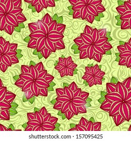 Glowing Red Flowers on Light Green Background. Seamless Floral Pattern