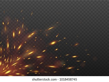 Glowing Red flying fire sparks. Fire Isolated on a black transparent background. Vector illustration.