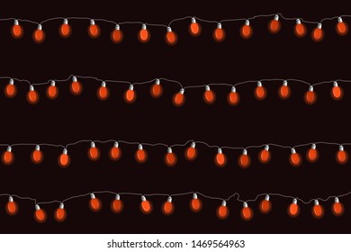 Glowing red garlands. Lights bulbs on black background. Vector illustrayion. New Year and Christmas decorations.