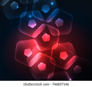 Glowing red glass transparent pentagans, geometric abstract digital background. Vector illustration