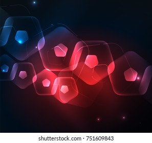Glowing red glass transparent pentagans, geometric abstract digital background. Vector illustration