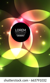 Glowing red and green color shiny overlapping circles composition on dark background, magic style light effects abstract design template