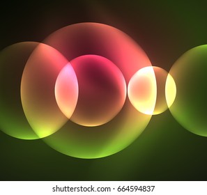 Glowing red and green color shiny overlapping circles composition on dark background, magic style light effects abstract design template