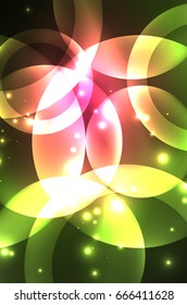 Glowing red and green color shiny overlapping circles composition on dark background, magic style light effects abstract design template
