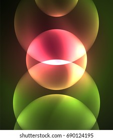 Glowing red and green color shiny overlapping circles composition on dark background, magic style light effects abstract design template