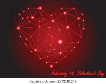 A glowing red heart composed of interconnected geometric lines and nodes, symbolizing love and connection. The vibrant centerpiece radiates light, creating a modern and digitalized of Valentine's Day.