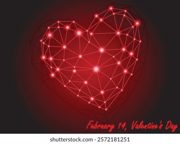 A glowing red heart composed of interconnected geometric lines and nodes, symbolizing love and connection. The vibrant centerpiece radiates light, creating a modern and digitalized of Valentine's Day.