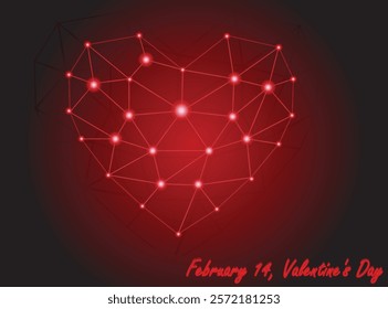 A glowing red heart composed of interconnected geometric lines and nodes, symbolizing love and connection. The vibrant centerpiece radiates light, creating a modern and digitalized of Valentine's Day.