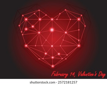 A glowing red heart composed of interconnected geometric lines and nodes, symbolizing love and connection. The vibrant centerpiece radiates light, creating a modern and digitalized of Valentine's Day.