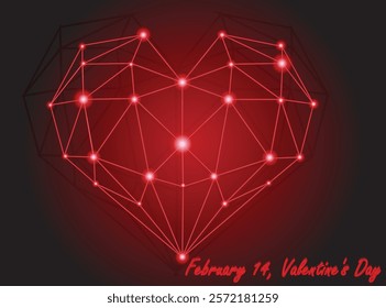 A glowing red heart composed of interconnected geometric lines and nodes, symbolizing love and connection. The vibrant centerpiece radiates light, creating a modern and digitalized of Valentine's Day.