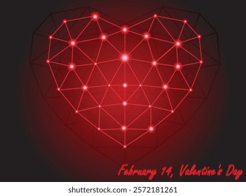 A glowing red heart composed of interconnected geometric lines and nodes, symbolizing love and connection. The vibrant centerpiece radiates light, creating a modern and digitalized of Valentine's Day.