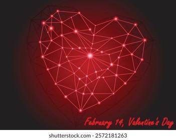 A glowing red heart composed of interconnected geometric lines and nodes, symbolizing love and connection. The vibrant centerpiece radiates light, creating a modern and digitalized of Valentine's Day.