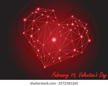 A glowing red heart composed of interconnected geometric lines and nodes, symbolizing love and connection. The vibrant centerpiece radiates light, creating a modern and digitalized of Valentine's Day.