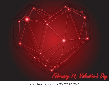 A glowing red heart composed of interconnected geometric lines and nodes, symbolizing love and connection. The vibrant centerpiece radiates light, creating a modern and digitalized of Valentine's Day.