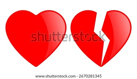Glowing red heart illustration, broken and whole haerts icons isolated on white background. Abstract simple buttons for emotional expression, love or breakup symbols. Flat web design 3d elements