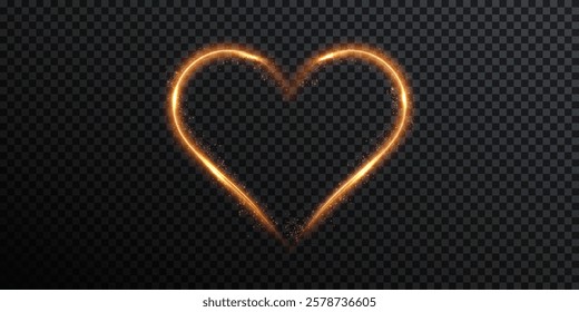 Glowing red heart with light flashes isolated on a transparent background. Beautiful heart-shaped gold wire glow perfect for Valentine's Day greeting cards, invitations, banners, and romantic designs.