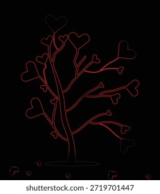 Arte rojo brillante de la línea del árbol del corazón con las ramas románticas del amor en la ilustración negra del fondo,
Árbol abstracto del amor hecho de los corazones rojos que brillan arte de la línea en el diseño romántico negro oscuro del fondo,
Ilustración romántica del árbol en forma de corazón con ramas brillantes rojas aisladas sobre fondo negro
