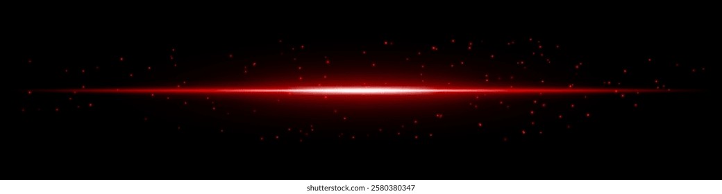 Glowing red horizontal light beam with scattered particles on a dark background. Futuristic energy burst, laser effect, sci-fi illumination, and digital glow concept.