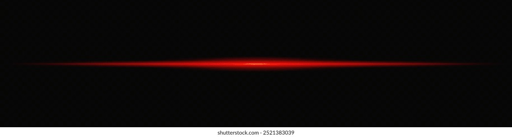Feixe de laser vermelho brilhante horizontalmente em um fundo transparente escuro, criando um efeito visual futurista e de alta tecnologia. Neon flare, linhas de luz laser. Em um fundo transparente.