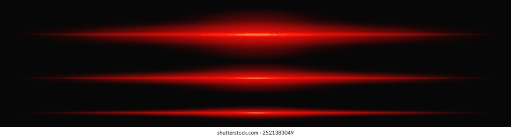 Glowing red laser beam horizontally across a dark transparent background, creating a futuristic and high-tech visual effect. Neon flare, laser lines of light. On a transparent background.