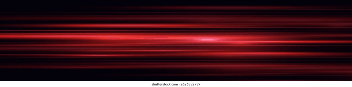 Linhas de laser vermelhas brilhantes com erupção de néon e efeito de movimento digital no fundo preto, faixas de feixe de tecnologia abstrata, raios de luz horizontais rápidos e design de energia luminosa

