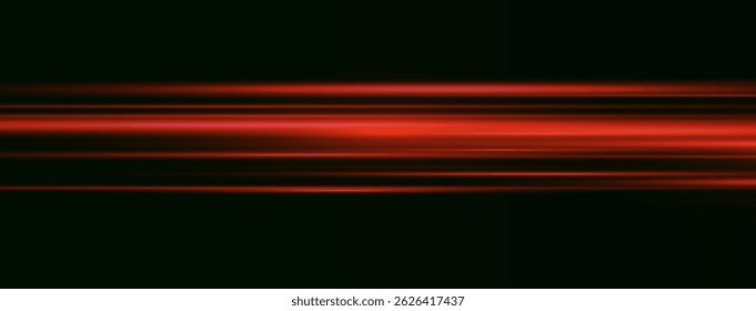 Linhas de laser vermelhas brilhantes com erupção de néon e efeito de movimento digital no fundo preto, faixas de feixe de tecnologia abstrata, raios de luz horizontais rápidos e design de energia luminosa

