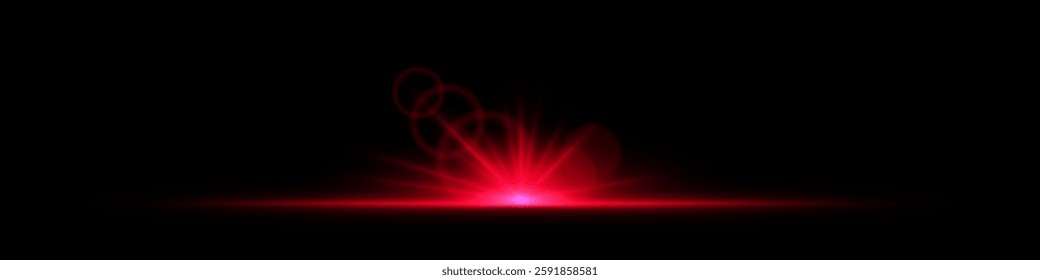 Glowing red light burst on a dark background. Bright neon explosion with radiant beams, circular bokeh, and energy flare. Abstract illumination with vibrant glow and futuristic effect.