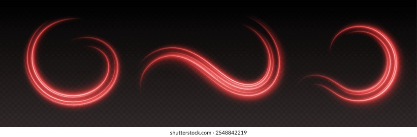 La luz roja brillante se arremolina con curvas suaves y fluidas. Efecto de luz en concepto de movimiento. Ilustración vectorial.