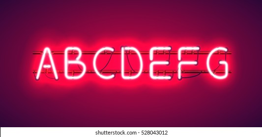 Glowing Red Neon Alphabet from A to G with wires, tubes, brackets and holders.